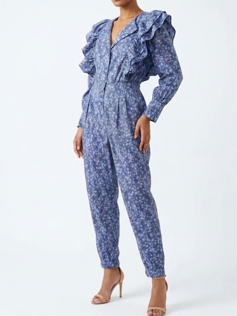 ELOQUII Flower Jumpsuit Blue & White floral Ruffle Size 14